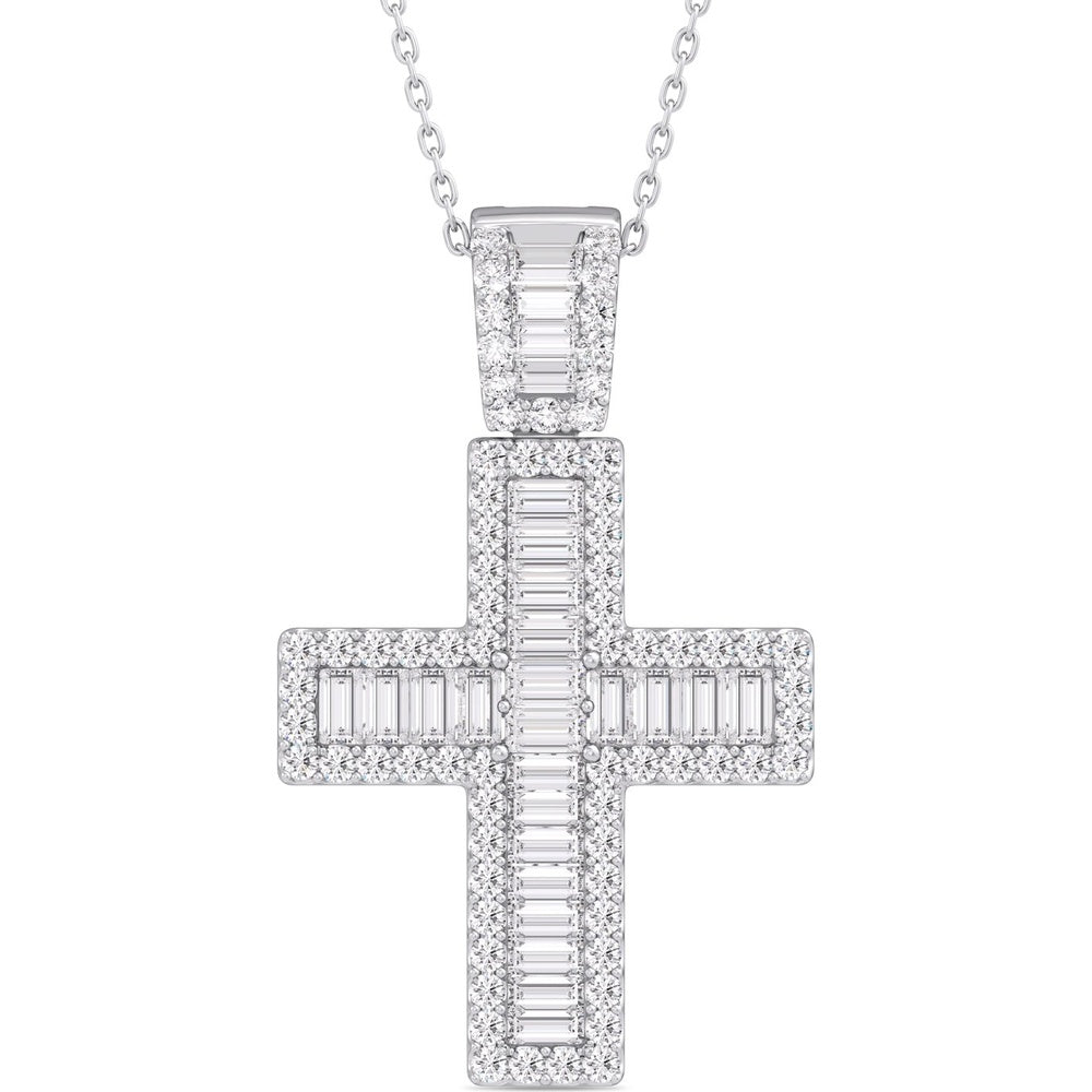 14K White Gold Halo Cross Pendant with Channel-Set Baguette and Round Diamonds - 0.87 Carat Total Diamond Weight by Auriventus