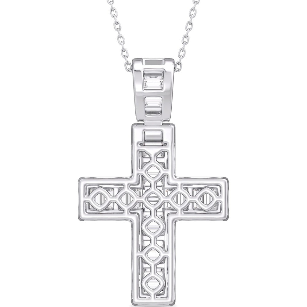 14K White Gold Halo Cross Pendant with Channel-Set Baguette and Round Diamonds - 0.87 Carat Total Diamond Weight by Auriventus
