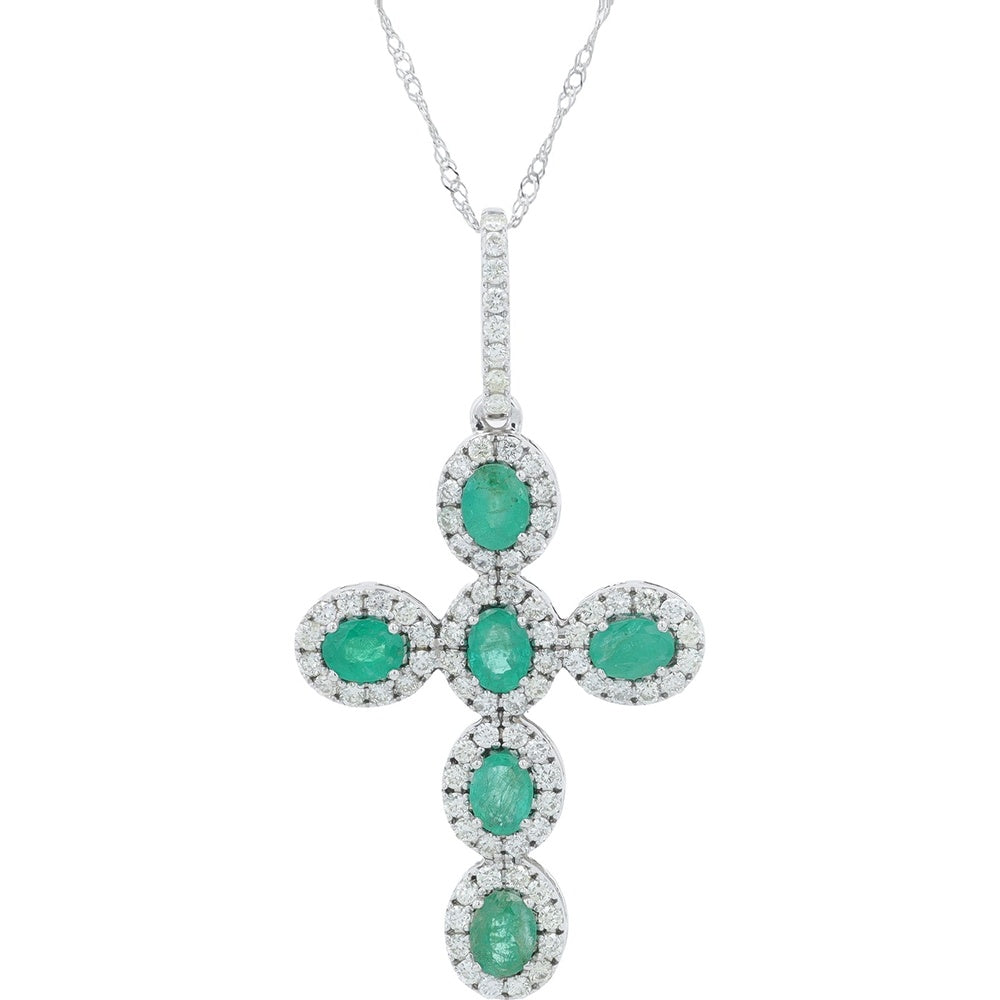 14K White Gold Halo Cross Pendant with Oval Emeralds and Brilliant Round Diamonds - 1.07-1.50 Carat Emerald Weight and 0.65 Carat Diamond Weight