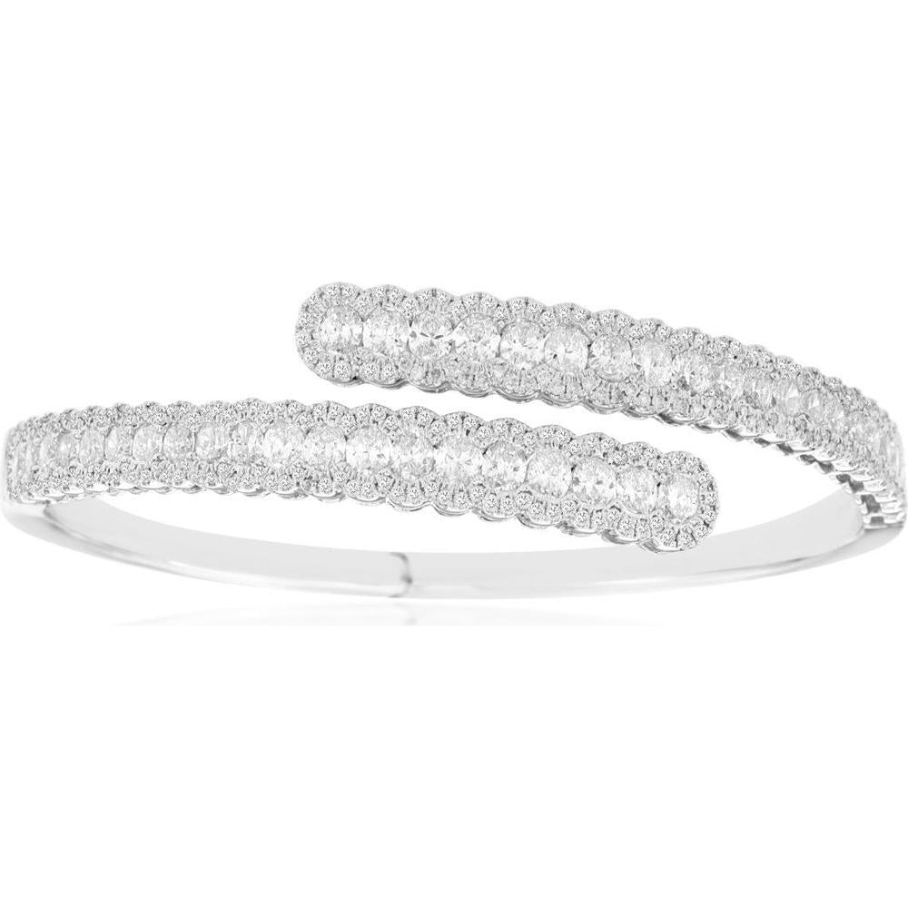 14K White Gold Halo Diamond Crossover Bangle with 5.30 Carats of Round Cut Diamonds - Royal Jewelry