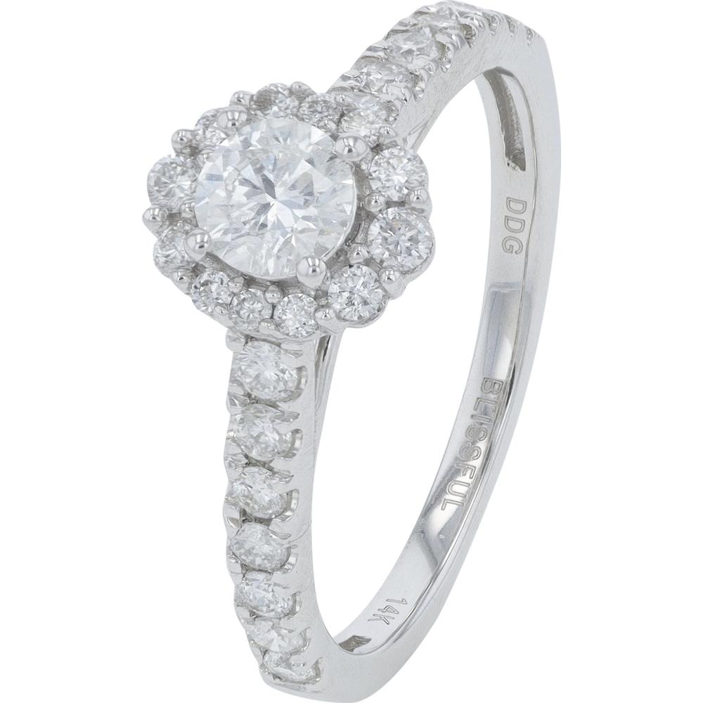 14K White Gold Halo Diamond Engagement Ring with 0.75 Carat Total Diamond Weight
