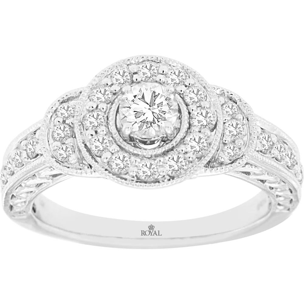 14K White Gold Halo Diamond Engagement Ring with 0.75 Carats Total Diamond Weight