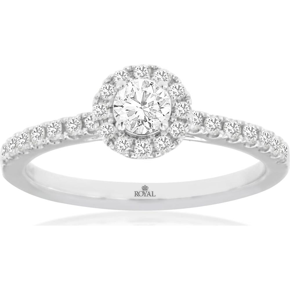 14K White Gold Halo Diamond Engagement Ring with Round Center Diamond and Diamond Accent Band - 0.53 Carat Total Diamond Weight - Royal Jewelry