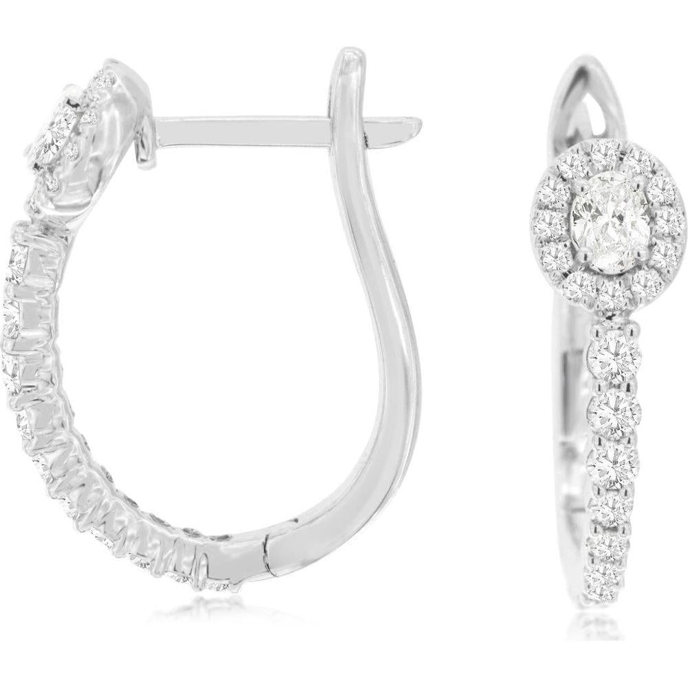 14K White Gold Halo Diamond Hoop Earrings with Oval Center Stone and Round Diamond Accents - 0.85 Carat Total Diamond Weight - Royal Jewelry