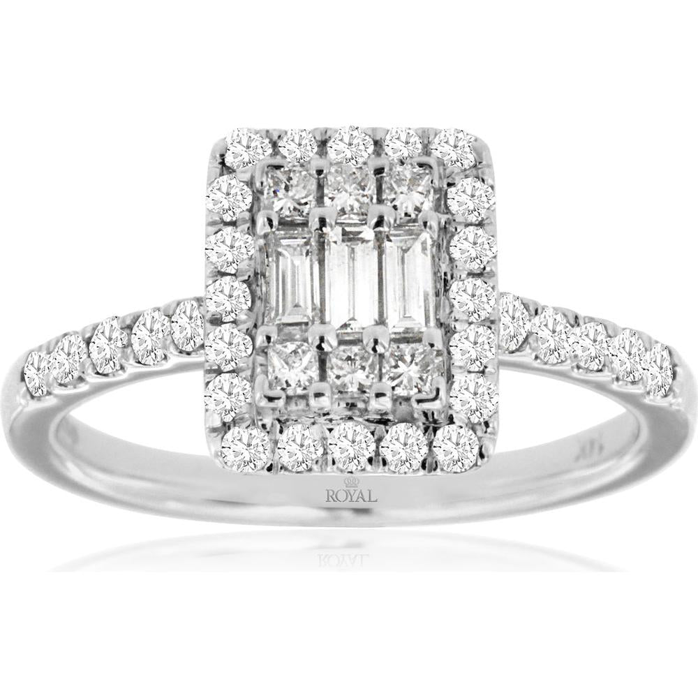14K White Gold Halo Diamond Ring with Baguette and Round Brilliant Diamonds - 0.55 Carats Total Diamond Weight