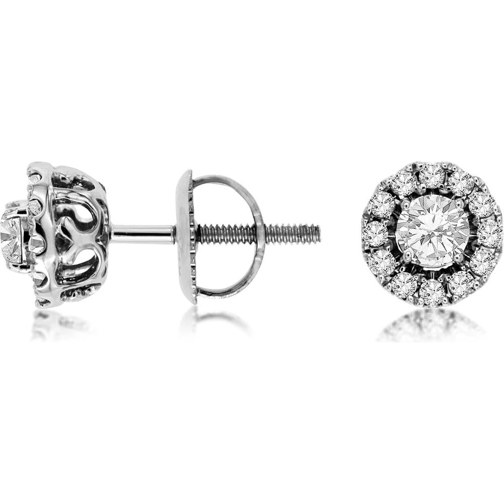 14K White Gold Halo Diamond Stud Earrings with Screw Backs – 0.50 Carat Total Diamond Weight - Royal Jewelry