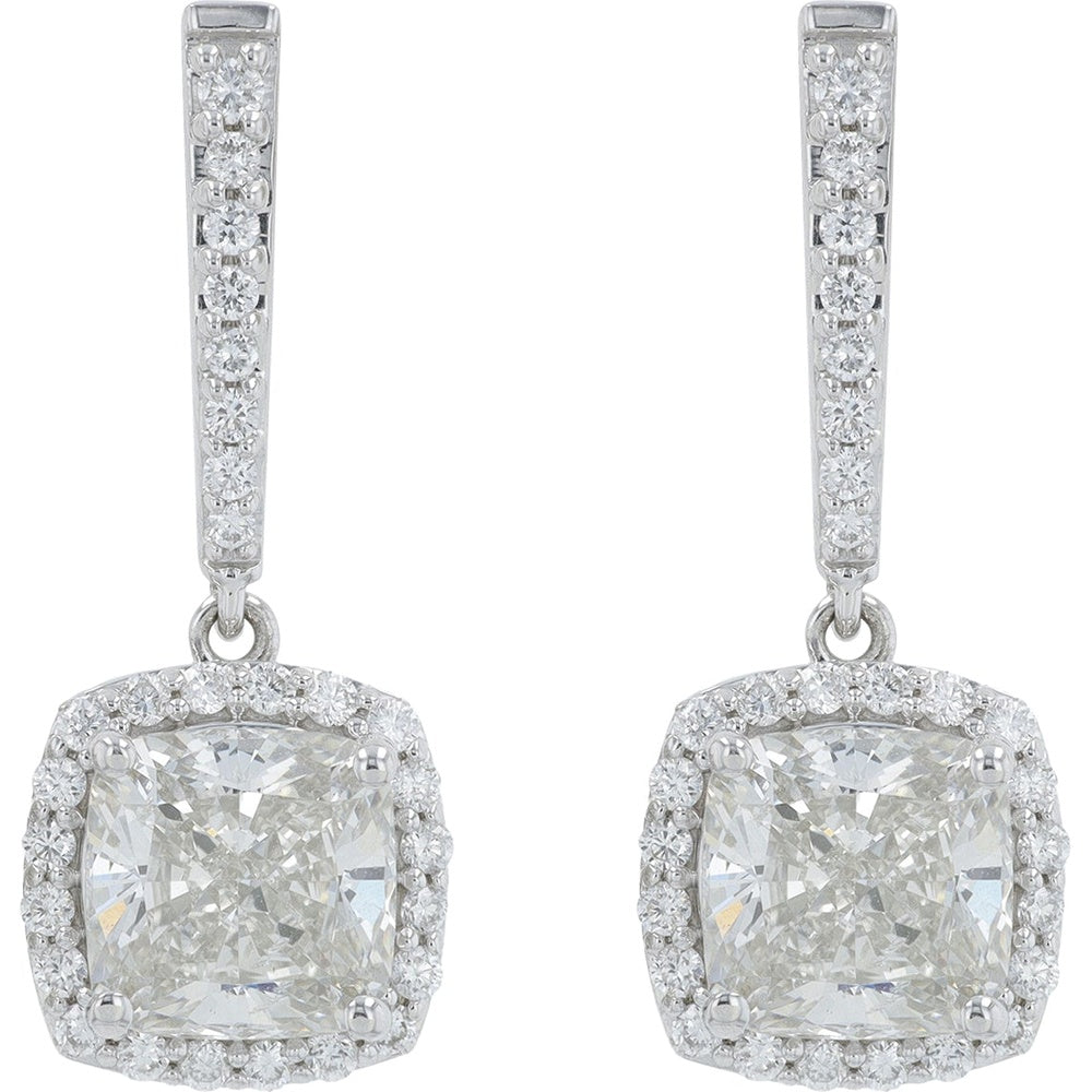 14K White Gold Halo Drop Earrings with Cushion-Cut Lab Grown Diamonds and Diamond-Accented Bars - 7.00 Carat Total Diamond Weight