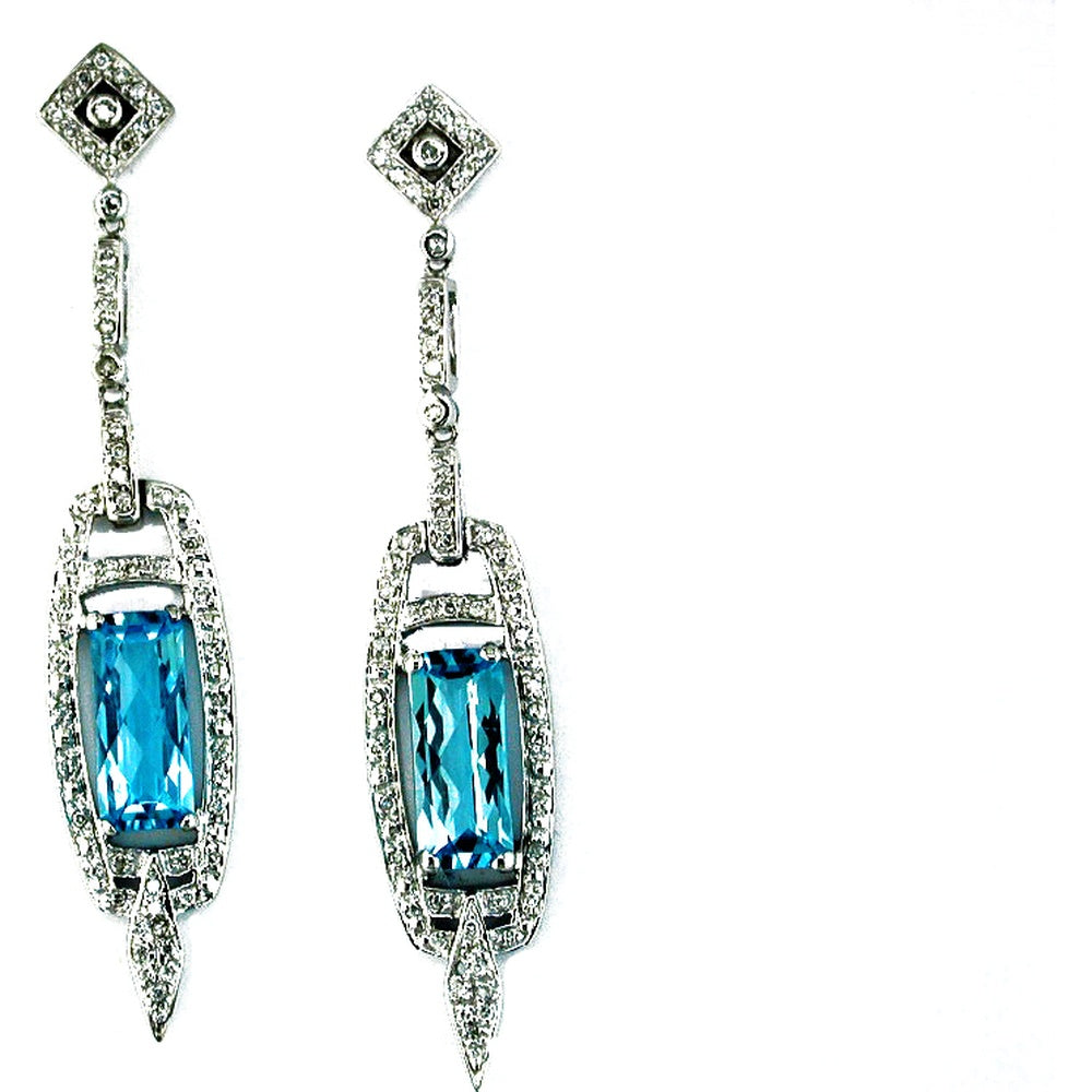 14K White Gold Halo Drop Earrings with Emerald-Cut Blue Topaz and Round Diamonds - 4.50 Carat Total Blue Topaz Weight and 0.40 Carat Total Diamond Weight - Royal Jewelry