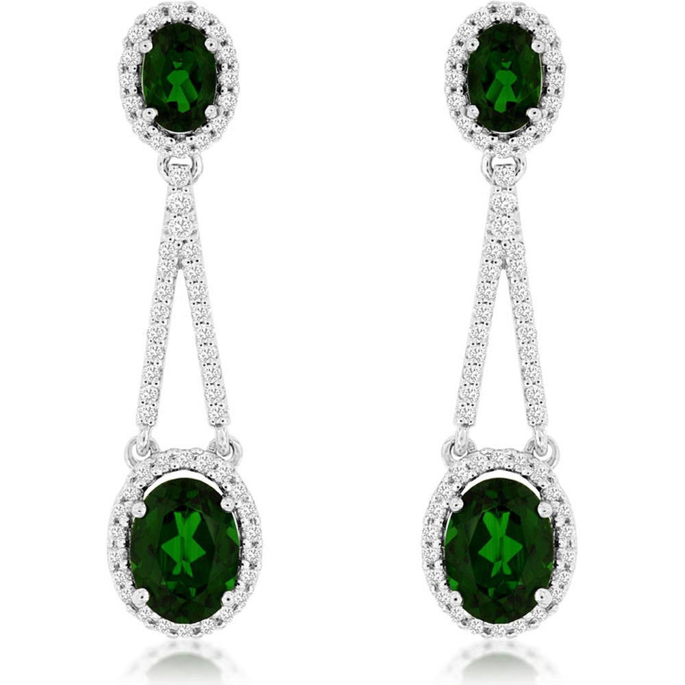 14K White Gold Halo Drop Earrings with Oval Cut Russalite and Round Diamonds - 3.50 Carat Total Russalite Weight and 0.67 Carat Total Diamond Weight - Royal Jewelry