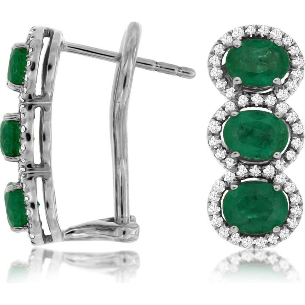 14K White Gold Halo Drop Earrings with Oval Emeralds and Round Diamonds - 2.10 Carat Total Emerald Weight and 0.38 Carat Total Diamond Weight - Royal Jewelry