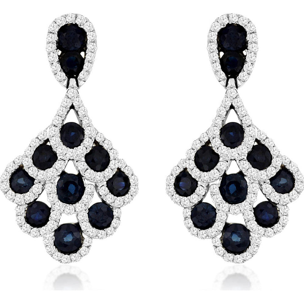 14K White Gold Halo Drop Earrings with Round Sapphires and Round Diamonds - 2.70 Carat Total Sapphire Weight and 0.90 Carat Total Diamond Weight - Royal Jewelry
