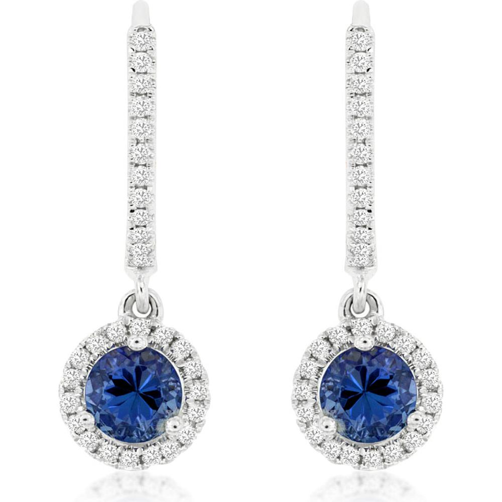 14K White Gold Halo Drop Earrings with Round Tanzanite and Pavé-Set Diamond Bar - 0.68 Carat Total Tanzanite Weight, 0.24 Carat Total Diamond Weight - Royal Jewelry