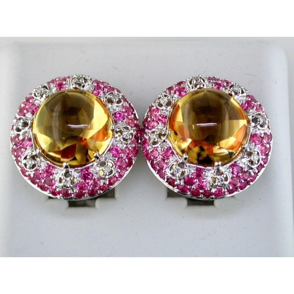 14K White Gold Halo Earrings with 13.00 Carat Round Citrine and 0.11 Carat Pink Sapphires - Vintage Milgrain Detail - Royal Jewelry