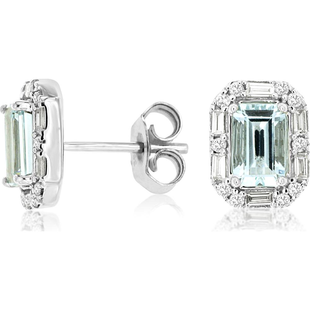 14K White Gold Halo Earrings with Emerald Cut Aquamarine (0.90 Carat Total) and Round & Baguette Diamonds (0.27 Carat Total) - Royal Jewelry