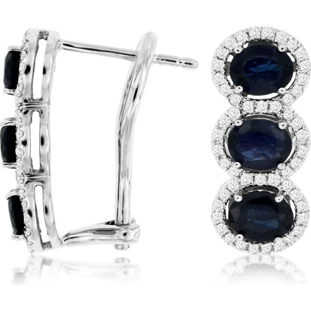 14K White Gold Halo Earrings with Oval Sapphires and Round Diamonds - 2.60 Carat Total Sapphire Weight and 0.38 Carat Total Diamond Weight - Royal Jewelry