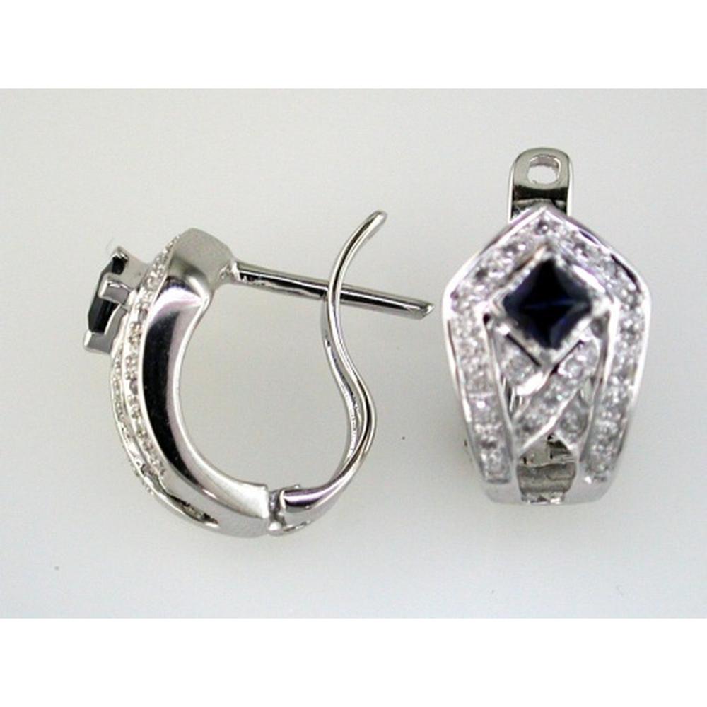 14K White Gold Halo Earrings with Princess-Cut Blue Sapphires and Round Diamonds - 0.70 Carat Total Sapphire Weight, 0.12 Carat Total Diamond Weight - Royal Jewelry