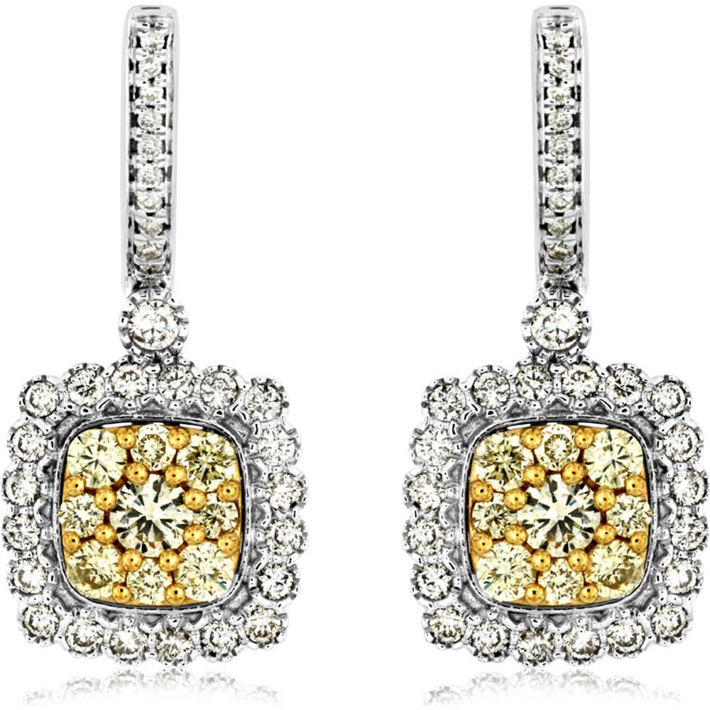 14K White Gold Halo Earrings with Yellow and White Diamonds - 1.50 Carats Total Diamond Weight
