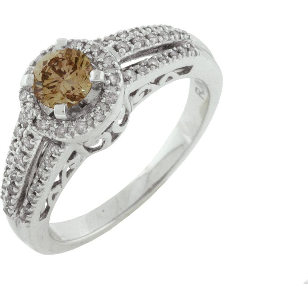 14K White Gold Halo Engagement Ring with 0.50 Carat Round Mocha Diamond and 0.25 Carat White Diamond Pavé Split Shank - Royal Jewelry