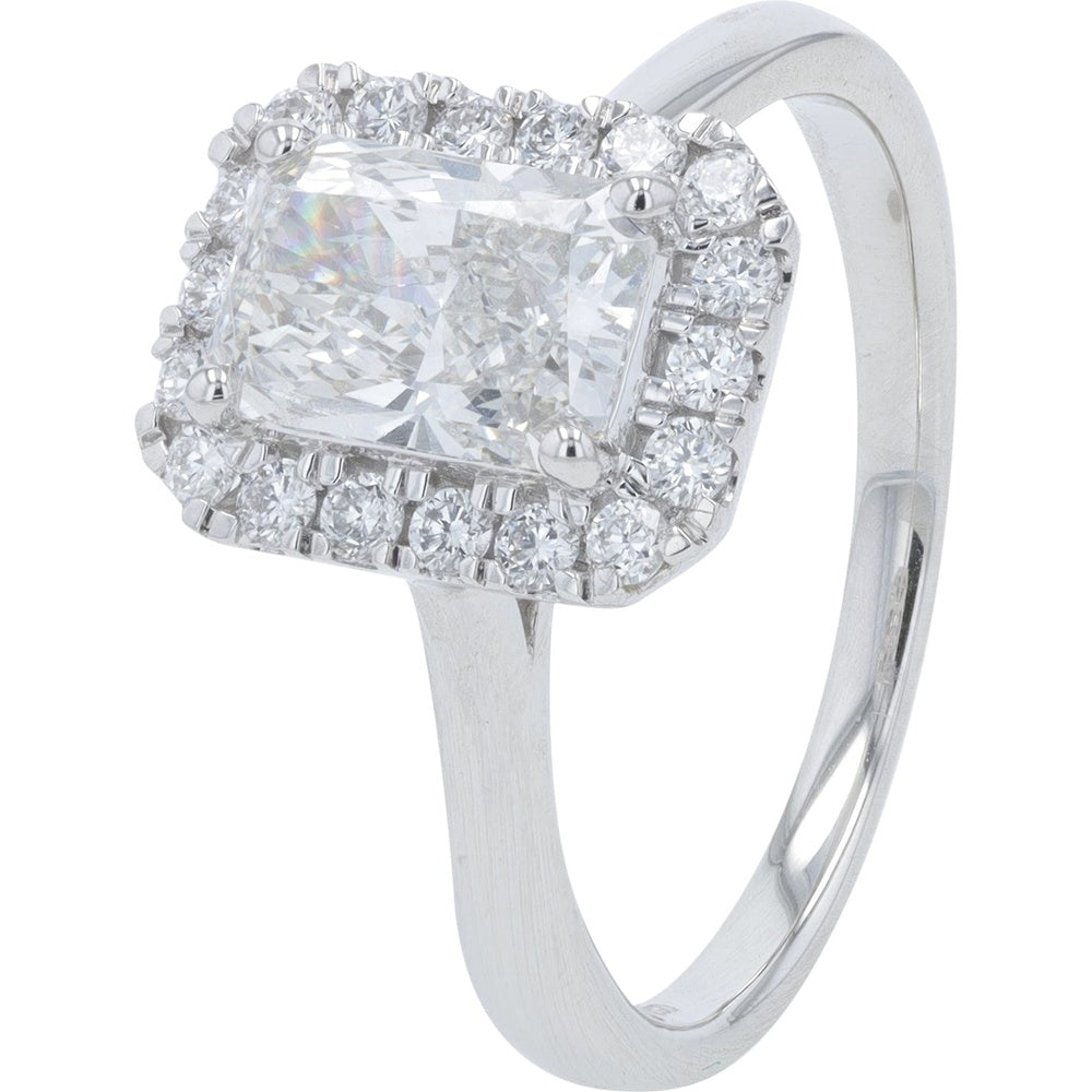 14K White Gold Halo Engagement Ring with 1.00 Carat Elongated Radiant Cut Center and 1.50 Carat Total Lab Grown Diamond Weight