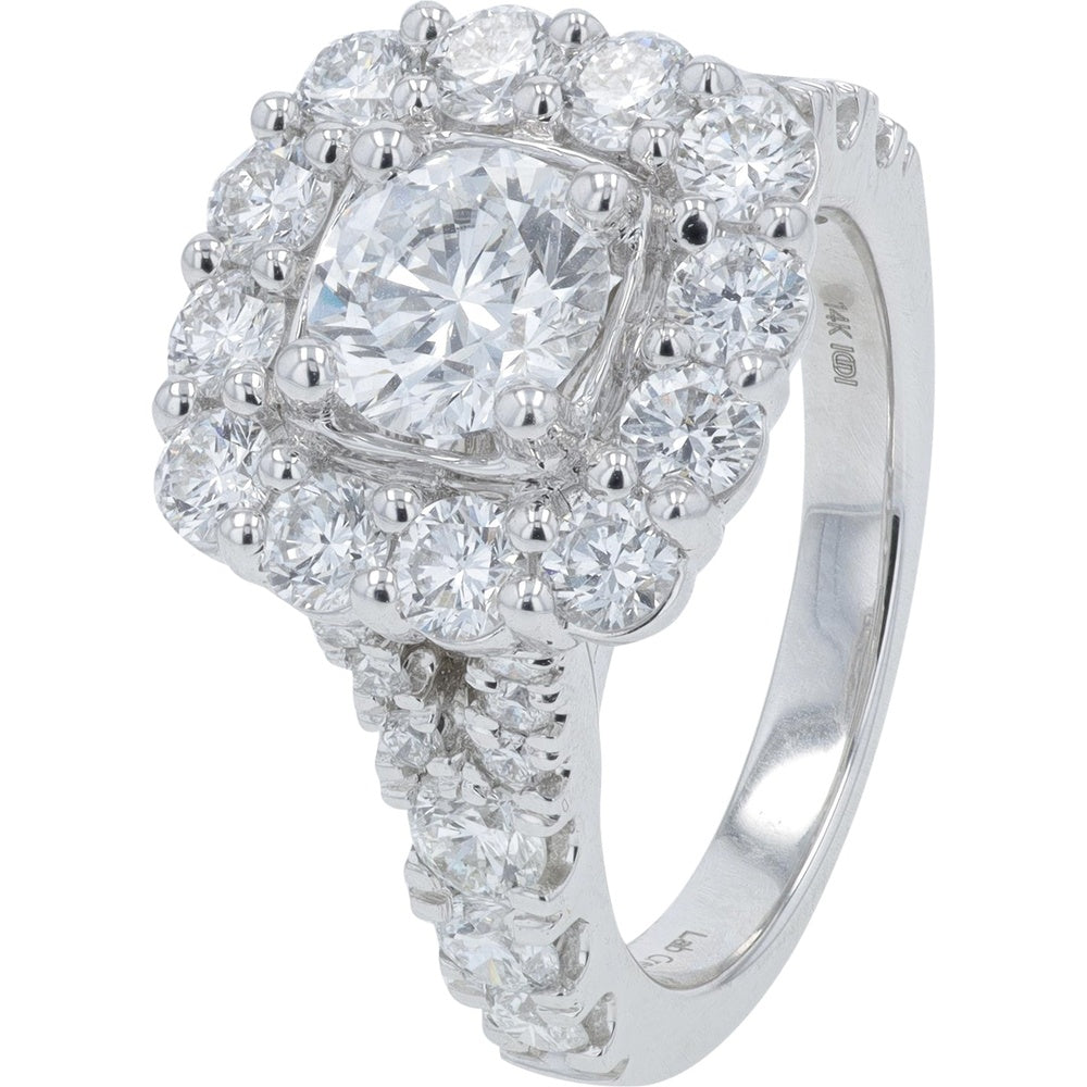 14K White Gold Halo Engagement Ring with 1.00 Carat Round Lab Grown Center Diamond and Accented Band - 3.00 Carats Total Diamond Weight