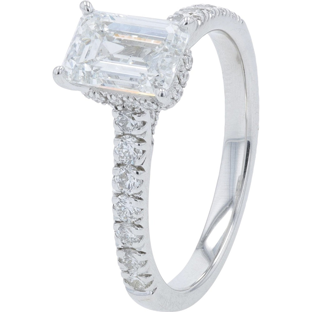 14K White Gold Halo Engagement Ring with 1.50 Carat Emerald Cut Lab Grown Diamond Center and Accented Band - 2.00 Carat Total Diamond Weight