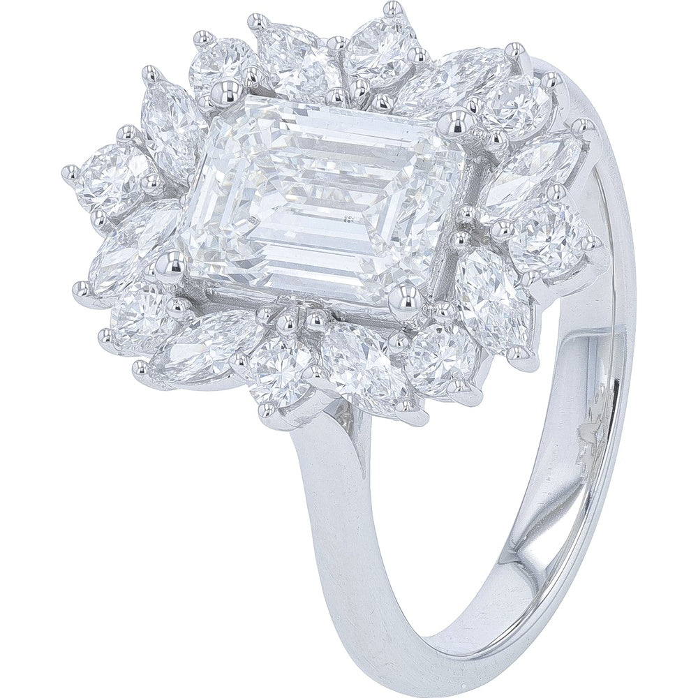 14K White Gold Halo Engagement Ring with 2.00 Carat Emerald Cut and 1.00 Carat Marquise & Round Lab Grown Diamonds - 3.00 Carat Total Diamond Weight