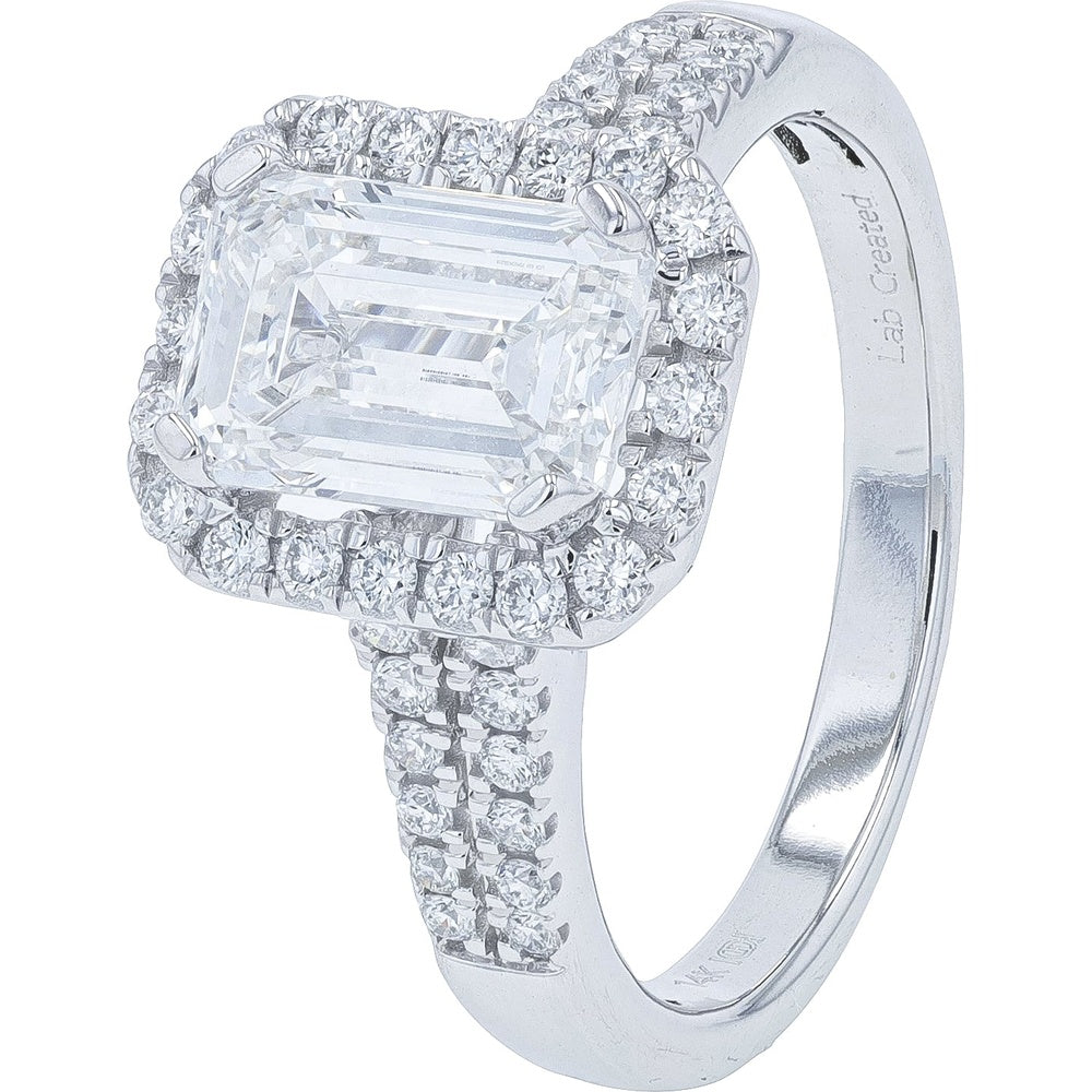 14K White Gold Halo Engagement Ring with 2.00 Carat Emerald Cut Lab Grown Center and Round Diamond Accents - 2.40 Carat Total Diamond Weight
