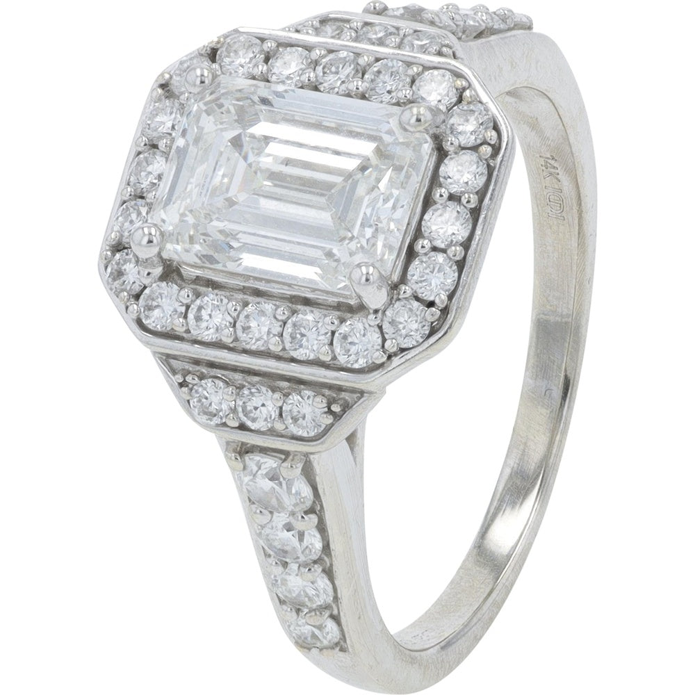 14K White Gold Halo Engagement Ring with 2.00 Carat Emerald Cut Lab Grown Diamond and Round Diamond Accents - 2.75 Carat Total Diamond Weight