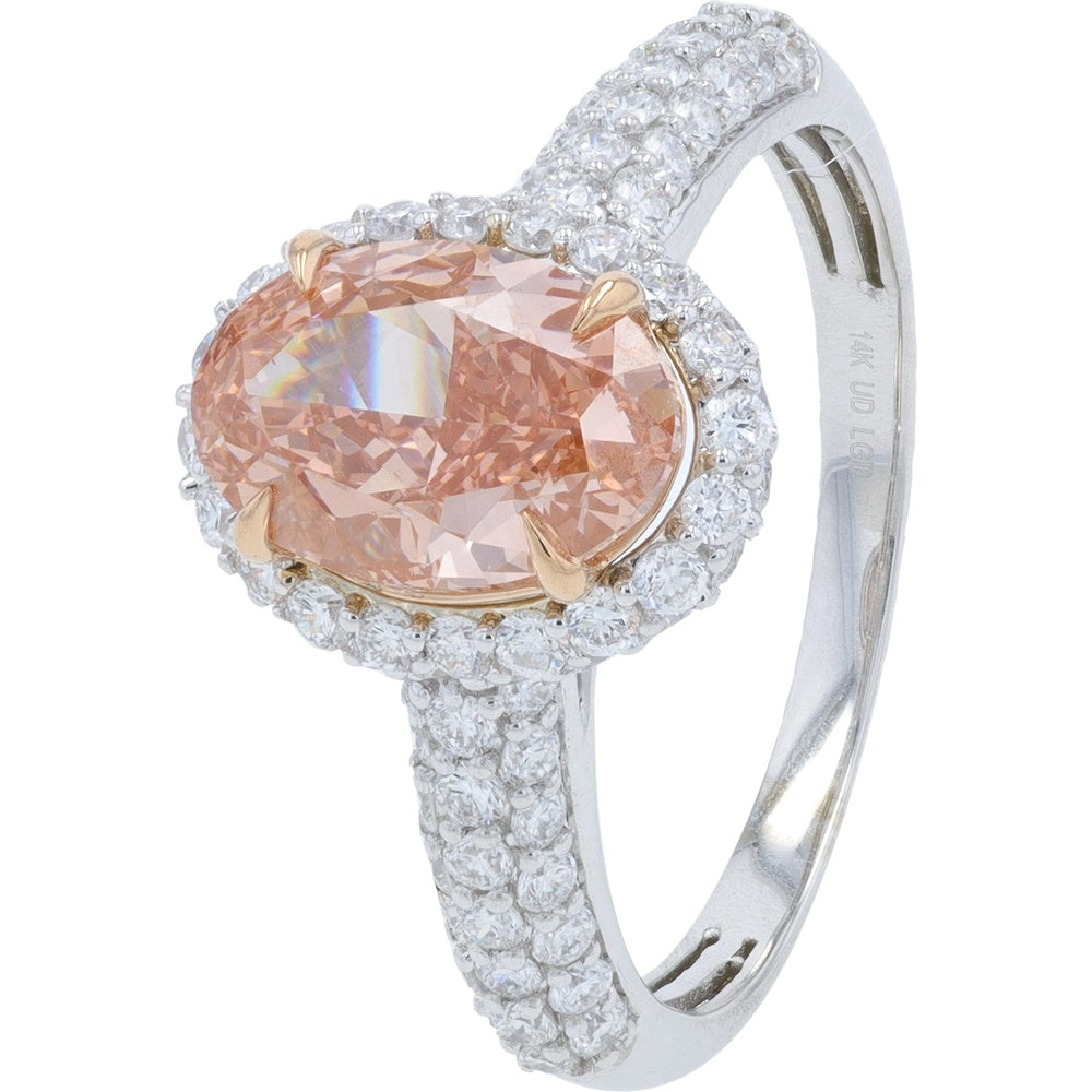 14K White Gold Halo Engagement Ring with 2.00 Carat Pink Oval Lab Grown Diamond and Pave Set Round Diamonds - 3.00 Carat Total Diamond Weight
