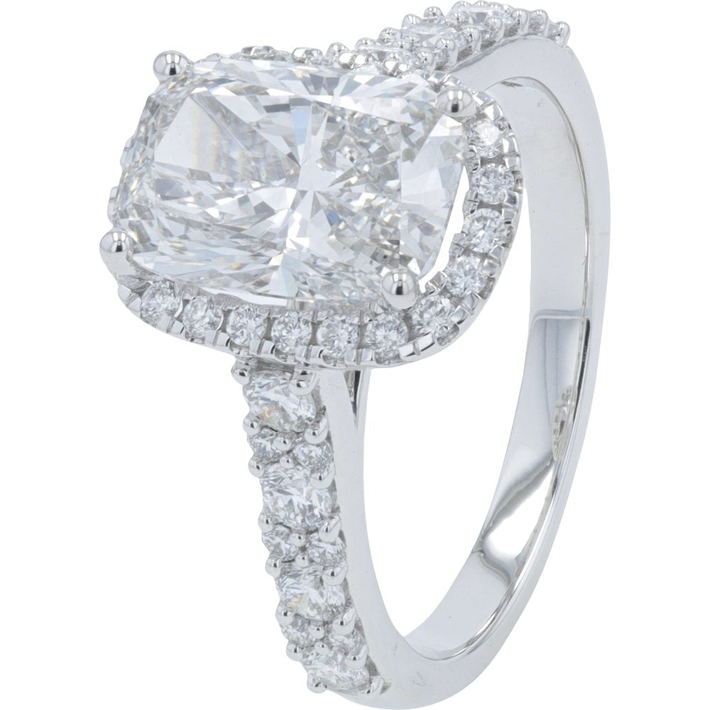 14K White Gold Halo Engagement Ring with 2.25 Carat Elongated Cushion Cut Lab Grown Diamond and Accent Stones - 3.00 Carat Total Diamond Weight