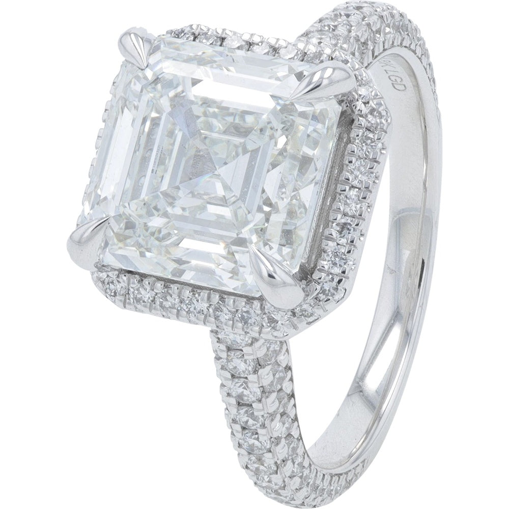 14K White Gold Halo Engagement Ring with 5.24 Carat Asscher Cut Lab Grown Diamond and Pavé Band - 6.17 Carat Total Diamond Weight
