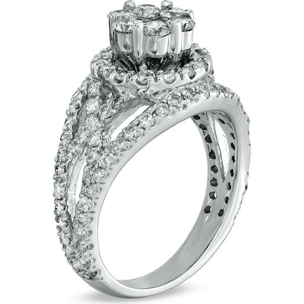 14K White Gold Halo Engagement Ring with Cluster Set Round Diamonds - 1.66 Carat Total Diamond Weight by Auriventus