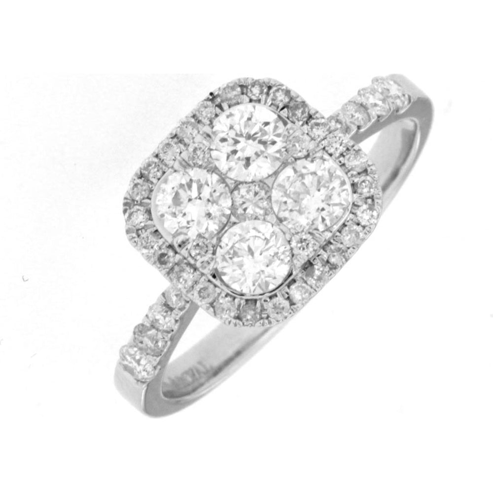 14K White Gold Halo Engagement Ring with Cluster-Set Round Diamonds and Pavé Band - 1.00 Carat Total Diamond Weight - Royal Jewelry