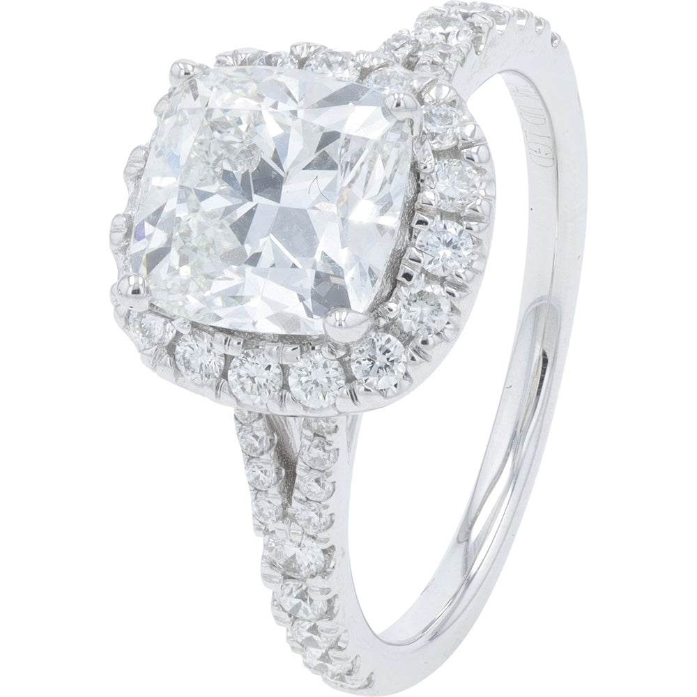 14K White Gold Halo Engagement Ring with Cushion Cut Lab Grown Diamond and Split Shank - 3.00 Carat Total Diamond Weight