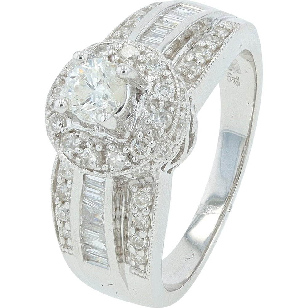 14K White Gold Halo Engagement Ring with Double Halo, Baguette and Round Accent Diamonds - 1.00 Carat Total Diamond Weight