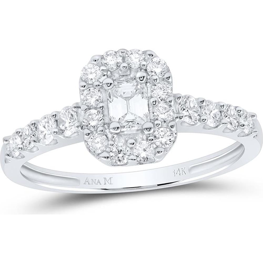 14K White Gold Halo Engagement Ring with Emerald Cut Diamond Center 0.25 Carat and Round Diamond Accents 0.50 Carat - 0.75 Carat Total Diamond Weight