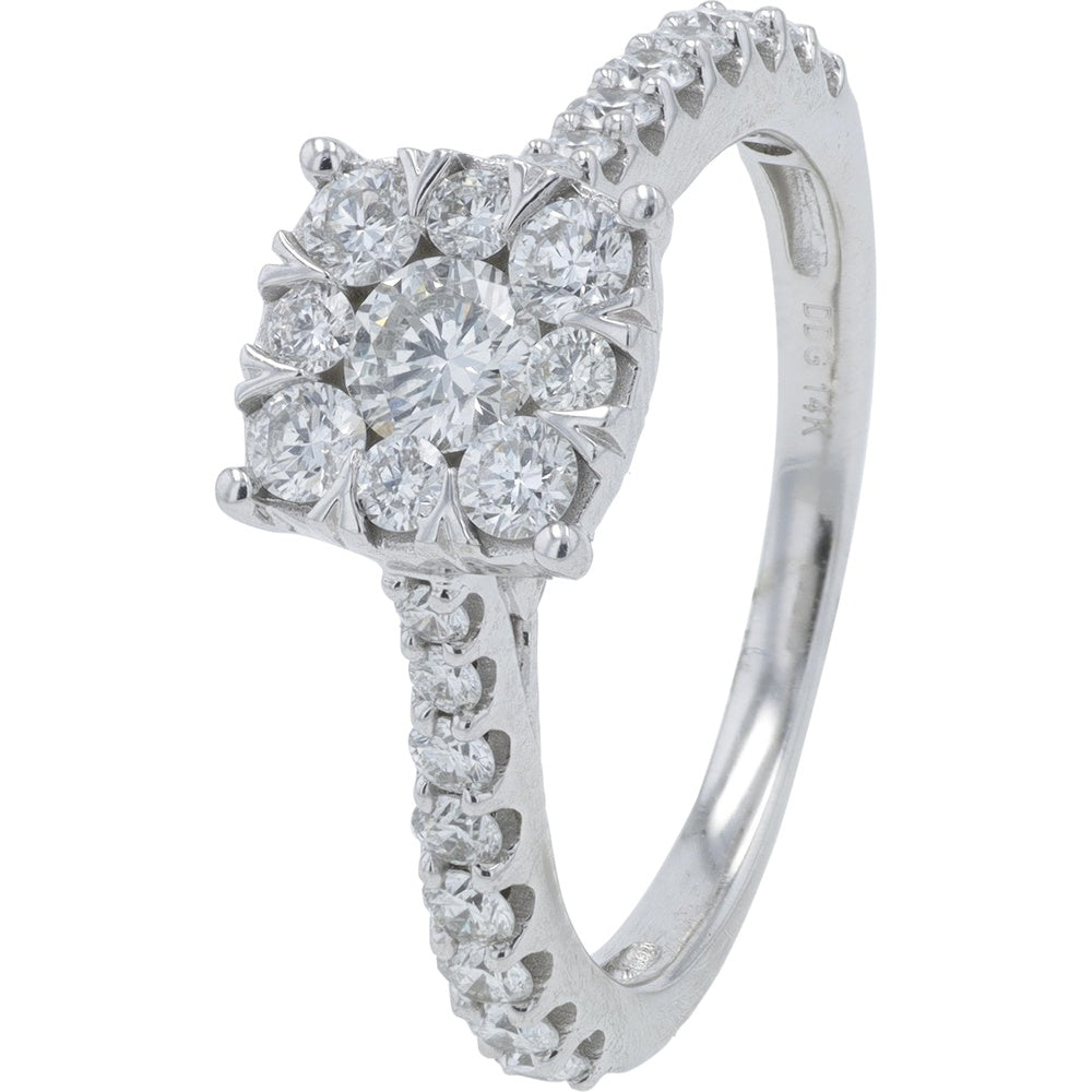 14K White Gold Halo Engagement Ring with Floral-Set Round Diamonds - 1.00 Carat Total Diamond Weight