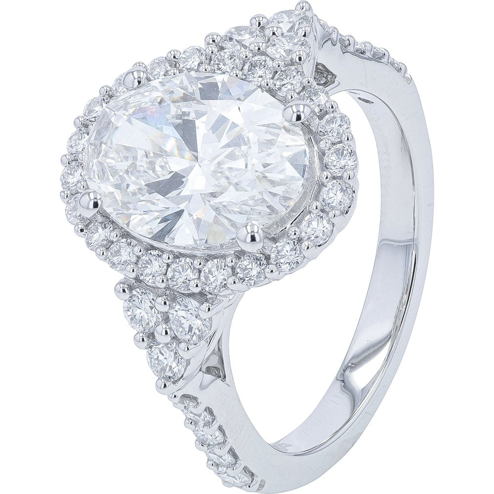 14K White Gold Halo Engagement Ring with Oval-Cut Lab Grown Diamond - 3.75 Carat Total Diamond Weight