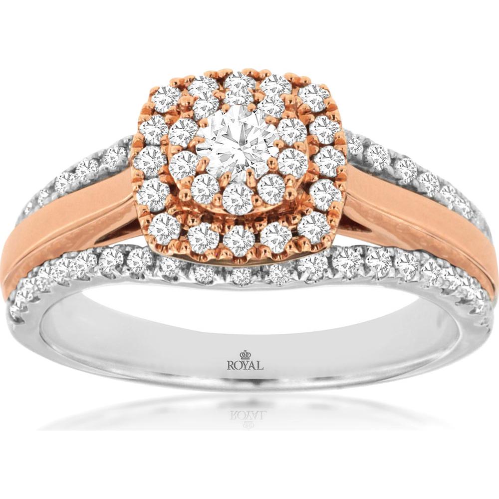 14K White Gold Halo Engagement Ring with Round Brilliant Diamonds - 0.75 Carats Total Diamond Weight