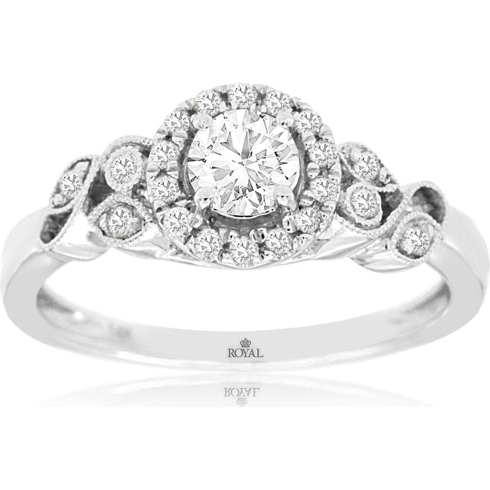 14K White Gold Halo Engagement Ring with Round Center Diamond and Diamond Accents - 0.46 Carat Total Diamond Weight - Royal Jewelry