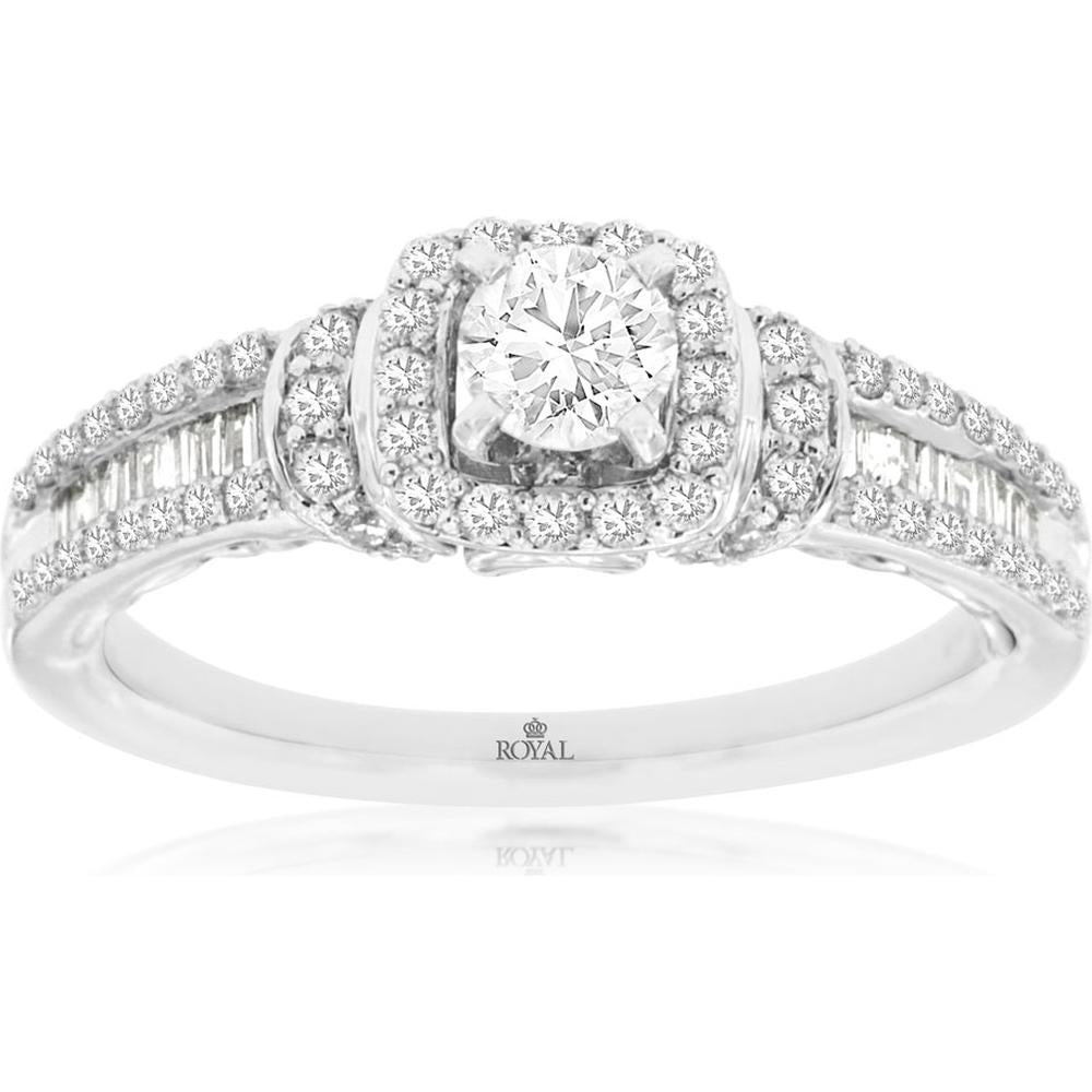 14K White Gold Halo Engagement Ring with Round Center Diamond, Baguette and Round Accent Diamonds - 0.85 Carats Total Diamond Weight - Royal Jewelry