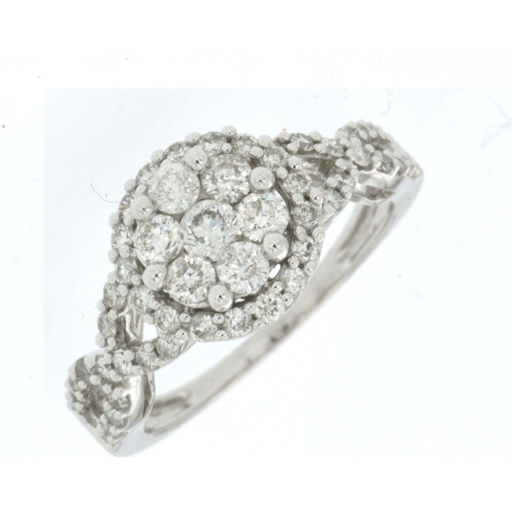 14K White Gold Halo Engagement Ring with Round Diamond Cluster Center and Twisted Pavé Band - 1.00 Carat Total Diamond Weight - Royal Jewelry