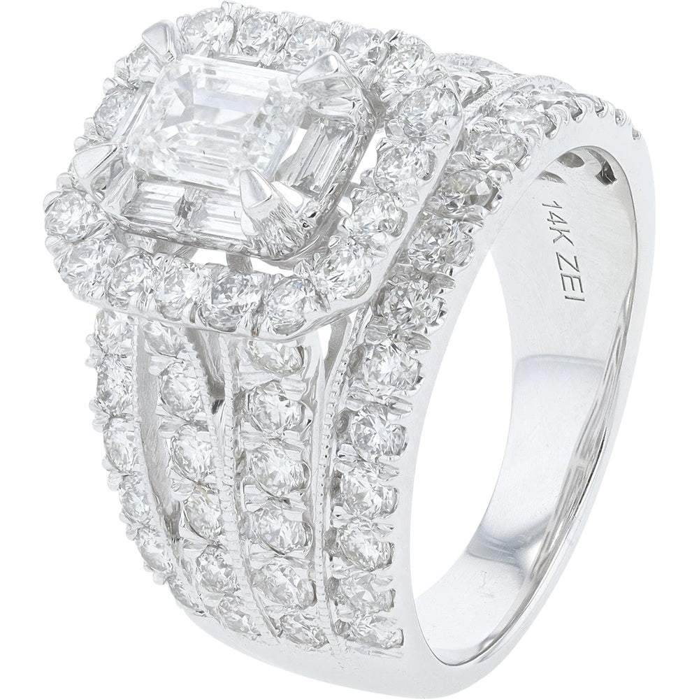 14K White Gold Halo Engagement Ring with Split Shank and 3.00 Carat Total Weight Diamonds - 0.50 Carat Center Emerald-Cut Diamond