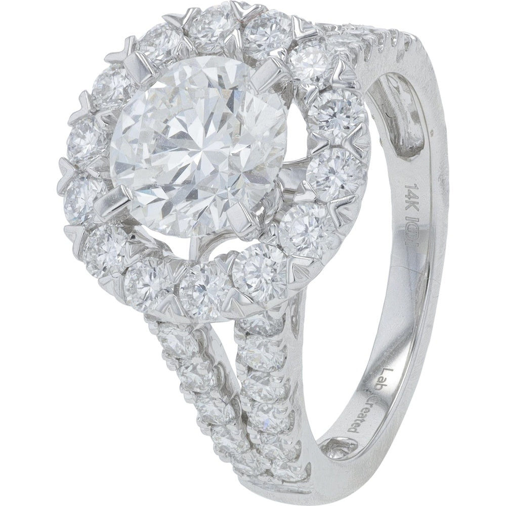 14K White Gold Halo Engagement Ring with Split Shank and Round Lab Grown Diamonds - 3.50 Carat Total Diamond Weight with 2.00 Carat Center Stone
