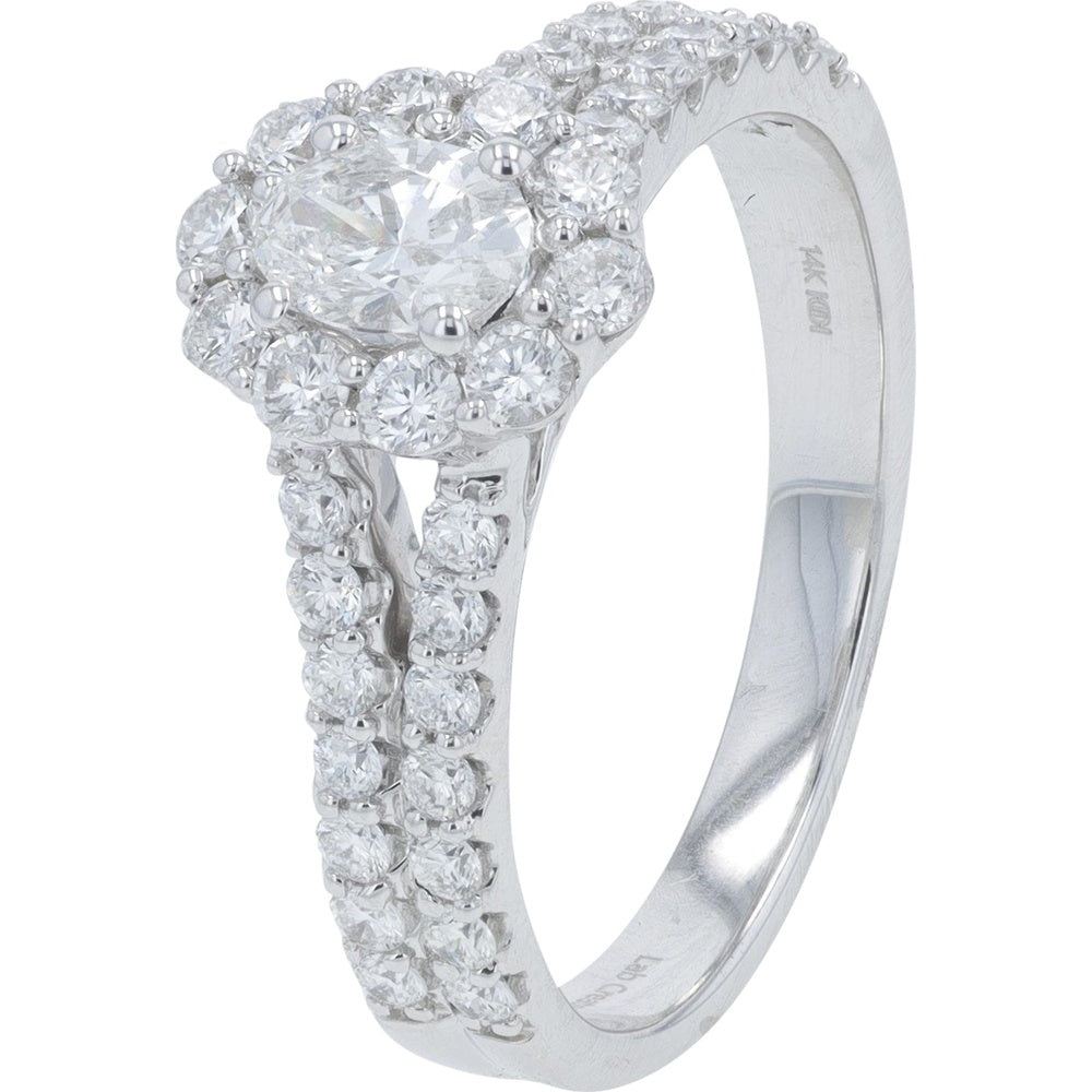 14K White Gold Halo Engagement Ring with Split Shank Lab-Grown Diamonds - 1.00 Carat Total Diamond Weight