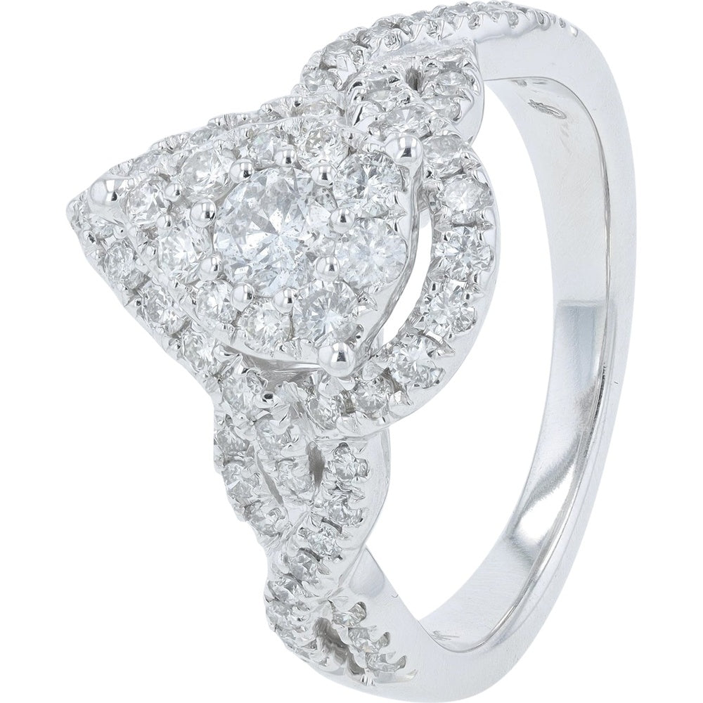 14K White Gold Halo Engagement Ring with Twisted Diamond Band and Round Center Diamond - 1.00 Carat Total Diamond Weight