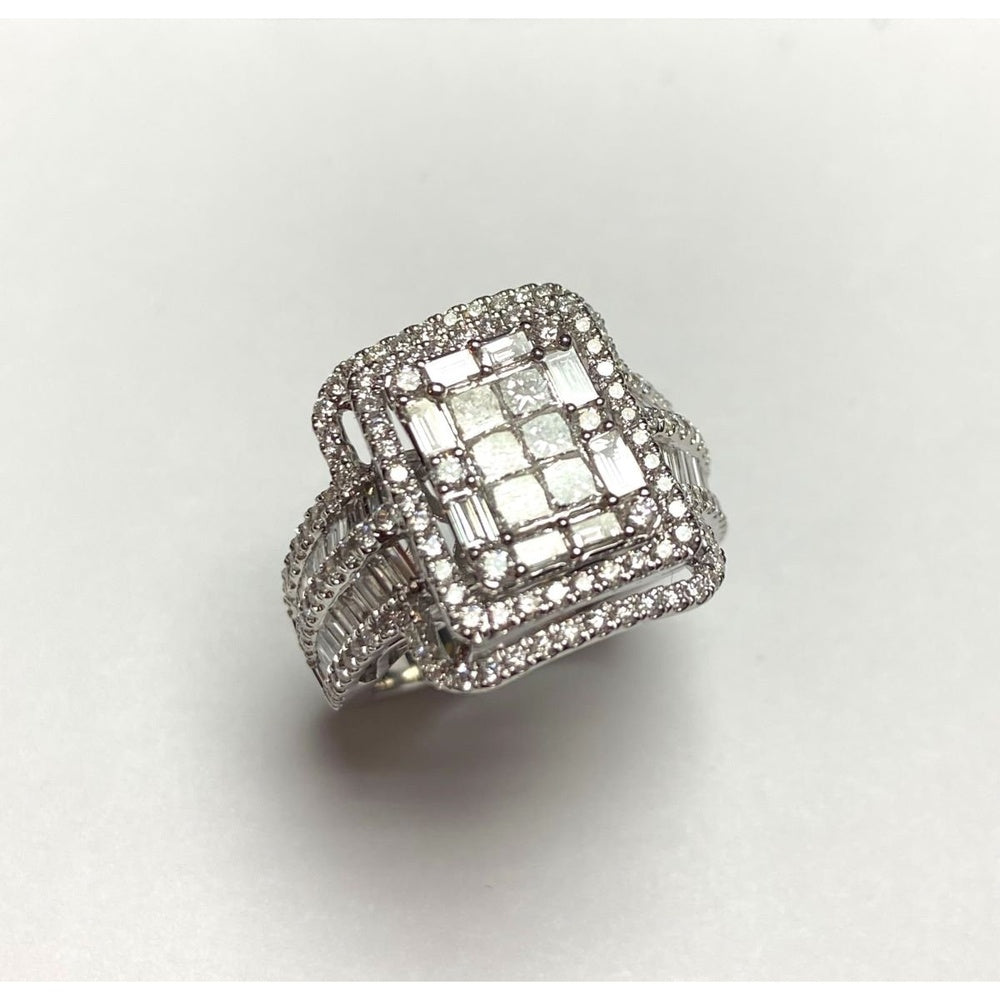14K White Gold Halo Fashion Ring with Baguette and Round Diamonds - 2.89 Carat Total Diamond Weight by Auriventus
