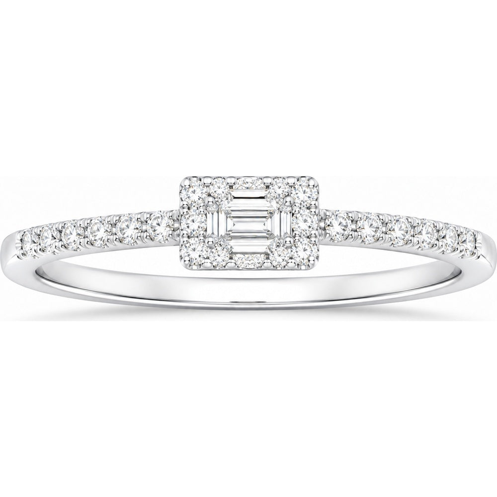 14K White Gold Halo Fashion Ring with Baguette and Round Pavé Set Diamonds - 0.17 Carat Total Diamond Weight by Auriventus