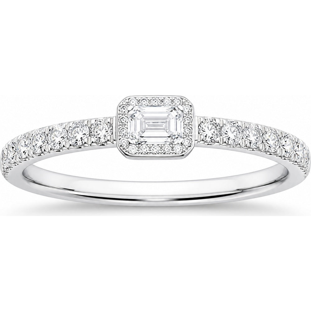 14K White Gold Halo Fashion Ring with Emerald Cut Center and Diamond Band - 0.50 Carat Total Diamond Weight by Auriventus