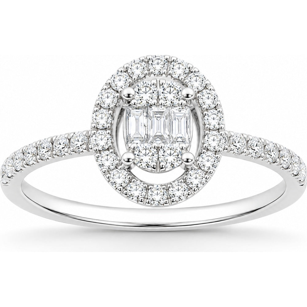 14K White Gold Halo Fashion Ring with Round and Baguette Diamond Cluster - 0.49 Carat Total Diamond Weight by Auriventus